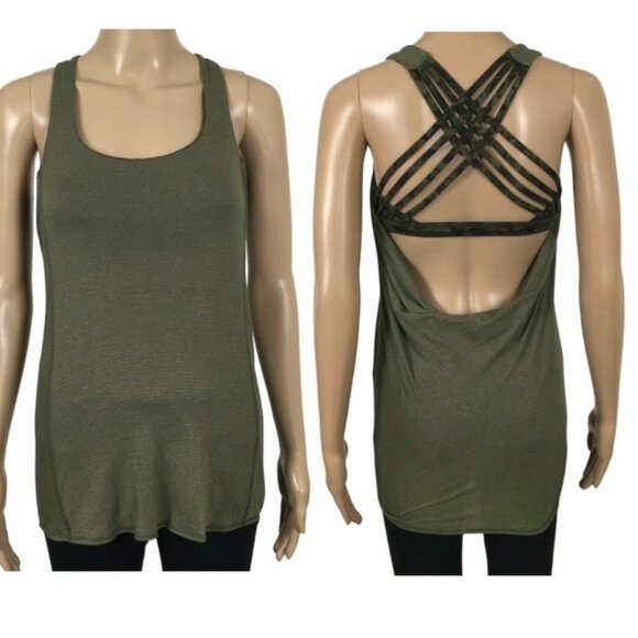 👛 (ANY 2/$35) LULULEMON Army Fatigue Green Criss Cross Long Length Tank Top - Picture 1 of 4